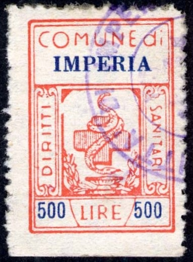 Marca da Bollo del Comune di IMPERIA su Carta Bianca di dimensioni 18 x 28 mm