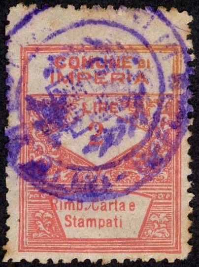 Marca da Bollo del Comune di IMPERIA su Carta Bianca di dimensioni 21 x 28 mm