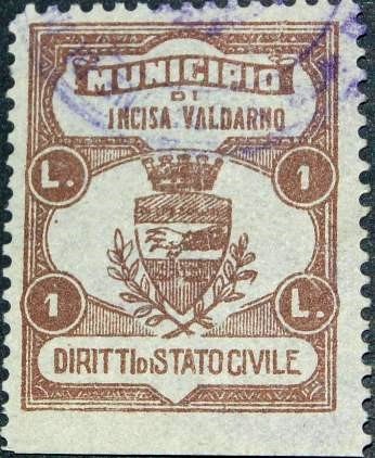 Marca da Bollo del Comune di INCISA IN VAL D´ARNO su Carta Bianca di dimensioni 23,5 x 39 mm