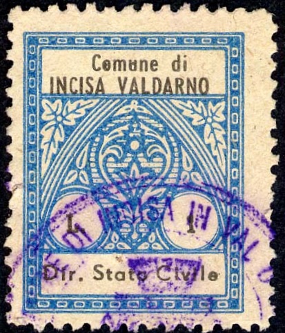Marca da Bollo del Comune di INCISA IN VAL D´ARNO su Carta Bianca di dimensioni 21,5 x 27 mm