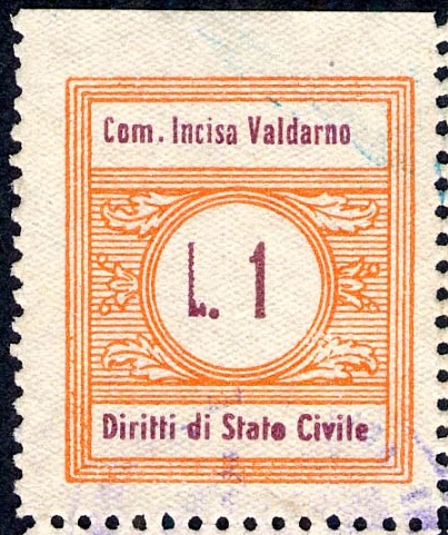 Marca da Bollo del Comune di INCISA IN VAL D´ARNO su Carta Bianca di dimensioni 21,5 x 25,5 mm