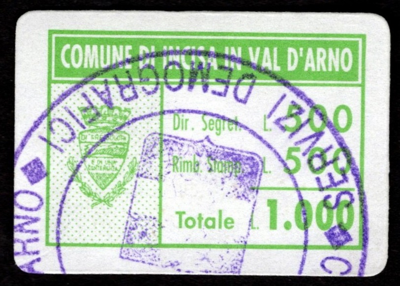 Marca da Bollo del Comune di INCISA IN VAL D´ARNO su Carta Bianca di dimensioni 24 x 17 mm