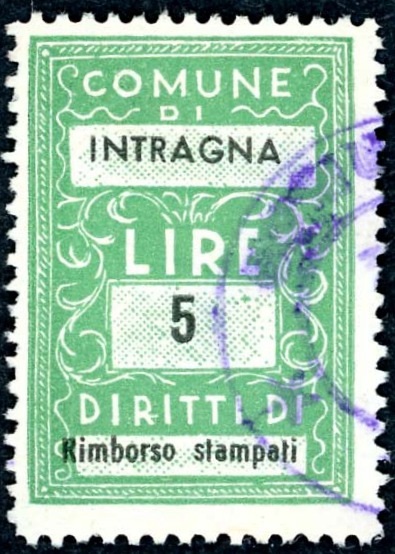 Marca da Bollo del Comune di INTRAGNA su Carta Bianca Sottile di dimensioni 22 x 32 mm
