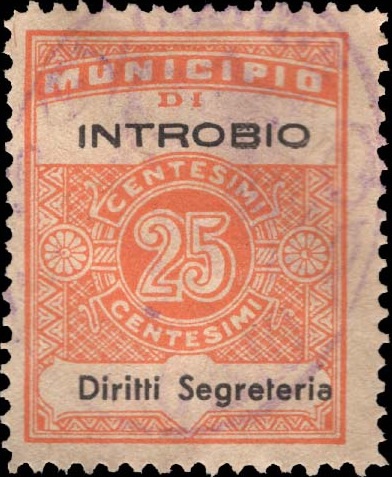 Marca da Bollo del Comune di INTROBIO su Carta Bianca di dimensioni 22,5 x 29 mm