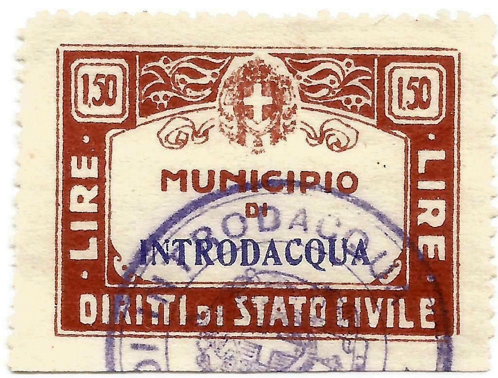 Marca da Bollo del Comune di INTRODACQUA su Carta Bianca di dimensioni 29 x 16 mm