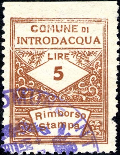 Marca da Bollo del Comune di INTRODACQUA su Carta Bianca Sottile di dimensioni 22 x 28,5 mm