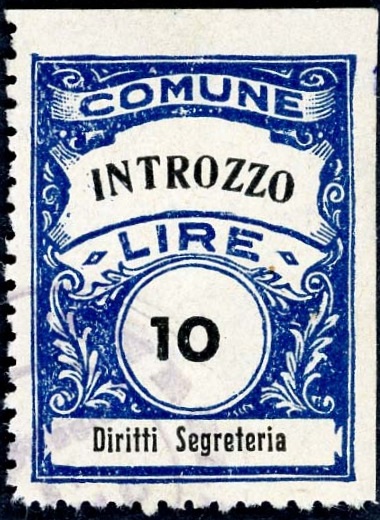 Marca da Bollo del Comune di INTROZZO su Carta Bianca Sottile di dimensioni 22,5 x 29 mm