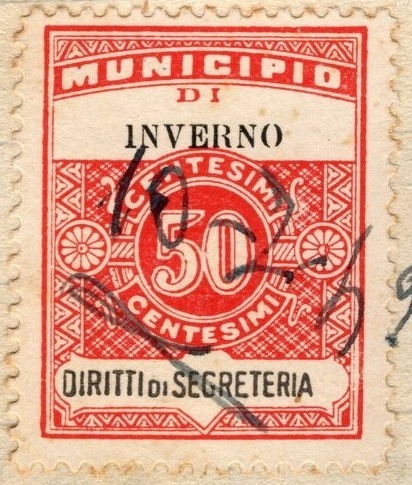 Marca da Bollo del Comune di INVERNO E MONTELEONE su Carta Bianca Sottile di dimensioni 23 x 29 mm