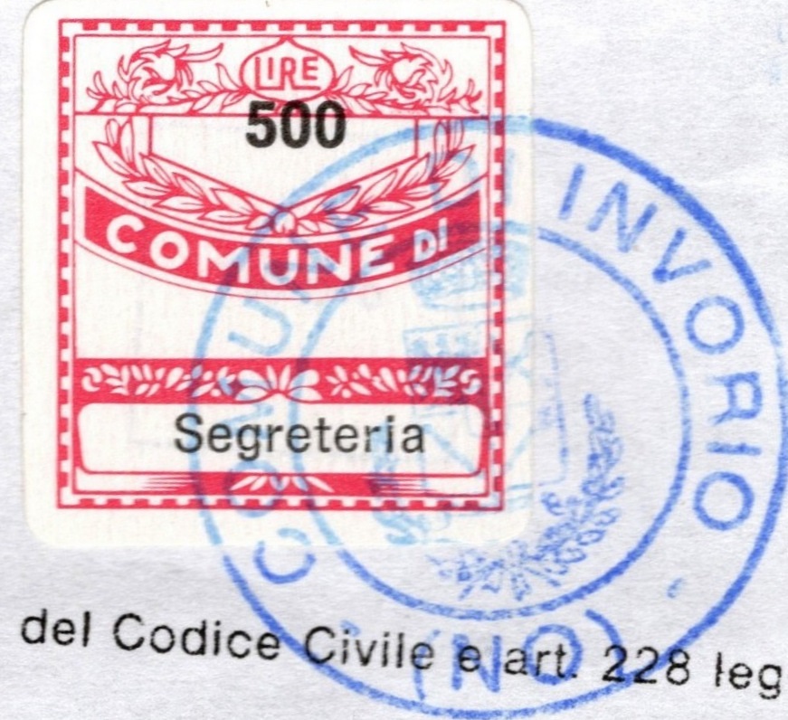 Marca da Bollo del Comune di INVORIO su Carta Bianca di dimensioni 20 x 22 mm