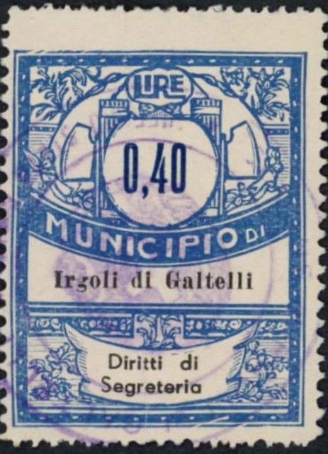 Marca da Bollo del Comune di IRGOLI su Carta Bianca Sottile di dimensioni 22 x 28,5 mm