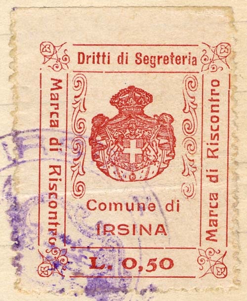 Marca da Bollo del Comune di IRSINA su Carta Bianca di dimensioni 29 x 35,5 mm