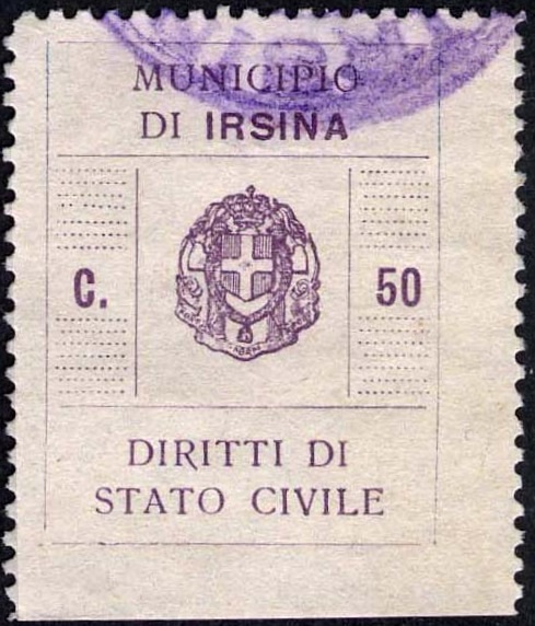 Marca da Bollo del Comune di IRSINA su Carta Bianca di dimensioni 21,5 x 259 mm