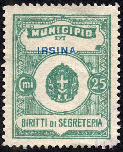Marca da Bollo del Comune di IRSINA su Carta Bianca Sottile di dimensioni 24 x 30 mm
