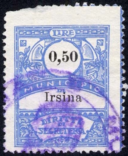 Marca da Bollo del Comune di IRSINA su Carta Bianca di dimensioni 21,5 x 29 mm