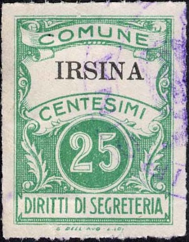 Marca da Bollo del Comune di IRSINA su Carta Bianca Sottile di dimensioni 22,5 x 29 mm
