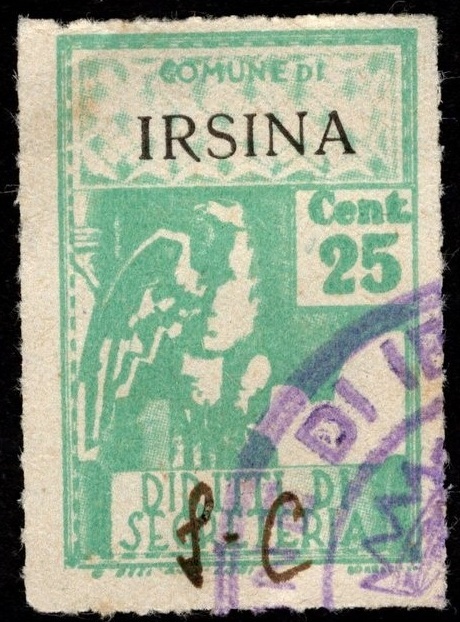 Marca da Bollo del Comune di IRSINA su Carta Bianca Sottile di dimensioni 22,5 X 33 mm