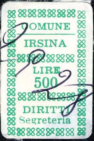 Marca da Bollo del Comune di IRSINA su Carta Bianca di dimensioni 18 x 29 mm