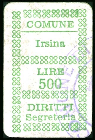 Marca da Bollo del Comune di IRSINA su Carta Bianca di dimensioni 17,5 x 29,5 mm