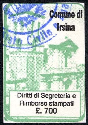 Marca da Bollo del Comune di IRSINA su Carta Bianca di dimensioni 21 x 31,5 mm