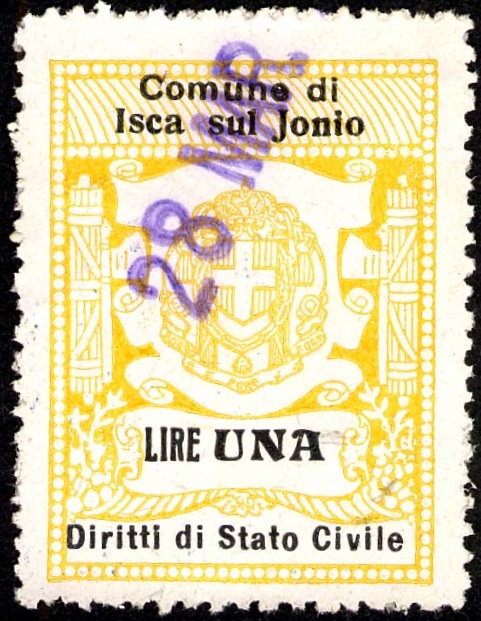 Marca da Bollo del Comune di ISCA SULLO IONIO su Carta Bianca Sottile di dimensioni 22,5 x 29 mm