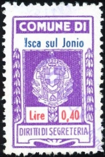 Marca da Bollo del Comune di ISCA SULLO IONIO su Carta Bianca di dimensioni 19 x 30,5 mm