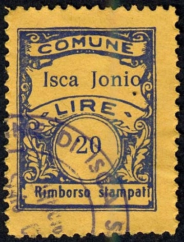 Marca da Bollo del Comune di ISCA SULLO IONIO su Carta Colorata di dimensioni 22,5 x 29 mm