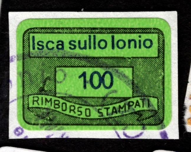 Marca da Bollo del Comune di ISCA SULLO IONIO su Carta Colorata di dimensioni 24 x 16,5 mm