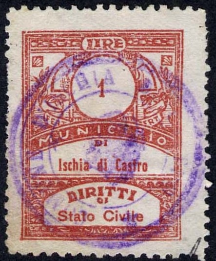 Marca da Bollo del Comune di ISCHIA DI CASTRO su Carta Bianca di dimensioni 29,5 x 36,5 mm