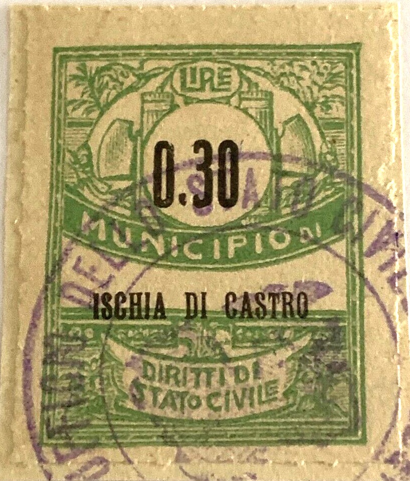 Marca da Bollo del Comune di ISCHIA DI CASTRO su Carta Bianca Sottile di dimensioni 22 x 28,5 mm
