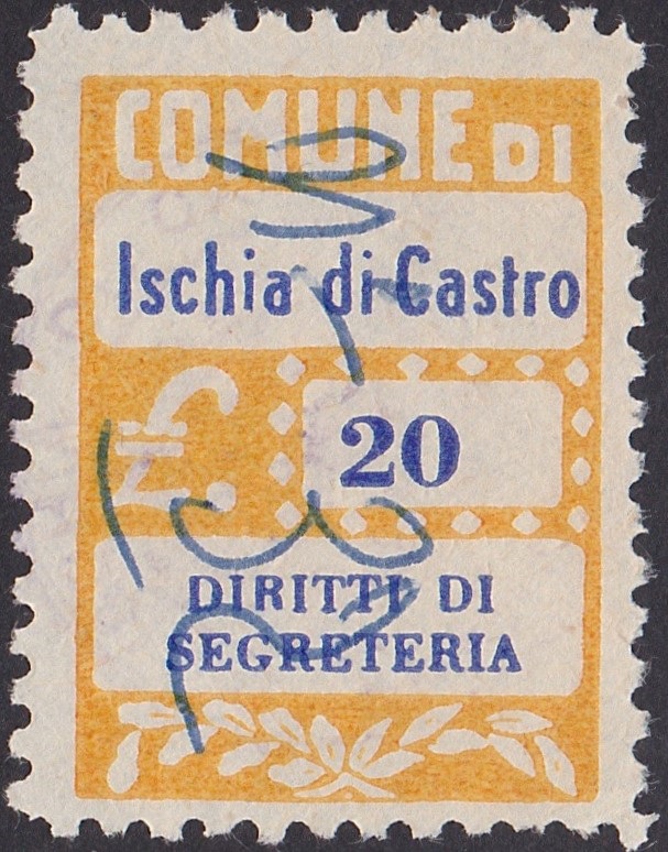 Marca da Bollo del Comune di ISCHIA DI CASTRO su Carta Bianca di dimensioni 20 x 27 mm