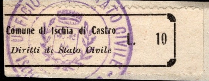 Marca da Bollo del Comune di ISCHIA DI CASTRO su Carta Bianca di dimensioni 45 x 15 mm