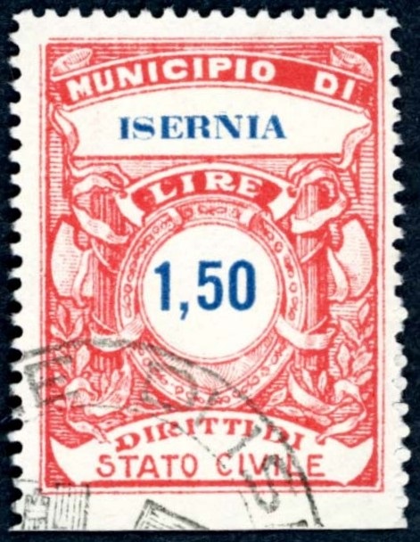 Marca da Bollo del Comune di ISERNIA su Carta Bianca Sottile di dimensioni 25 x 33 mm