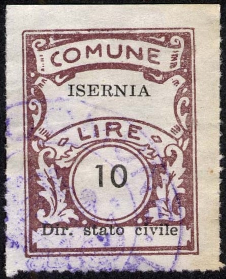 Marca da Bollo del Comune di ISERNIA su Carta Bianca Sottile di dimensioni 22,5 x 29 mm