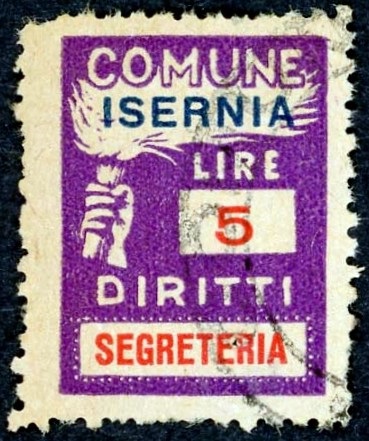 Marca da Bollo del Comune di ISERNIA su Carta Bianca di dimensioni 18,5 x 25 mm
