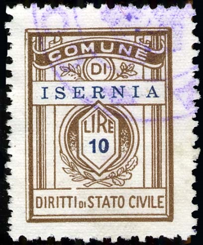 Marca da Bollo del Comune di ISERNIA su Carta Bianca di dimensioni 20,5 x 22,5 mm