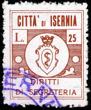 Marca da Bollo del Comune di ISERNIA su Carta Bianca di dimensioni 21 x 25,5 mm