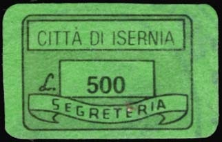 Marca da Bollo del Comune di ISERNIA su Carta Colorata di dimensioni 19 x 14,5 mm