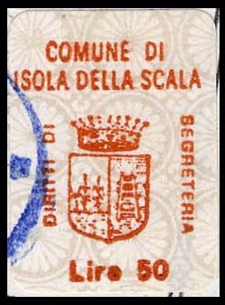 Marca da Bollo del Comune di ISOLA DELLA SCALA su Carta Bianca di dimensioni 14 x 18,5 mm