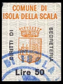 Marca da Bollo del Comune di ISOLA DELLA SCALA su Carta Bianca di dimensioni 14,5 x 19 mm