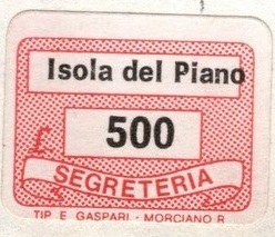 Marca da Bollo del Comune di ISOLA DEL PIANO su Carta Bianca di dimensioni 20 x 14 mm