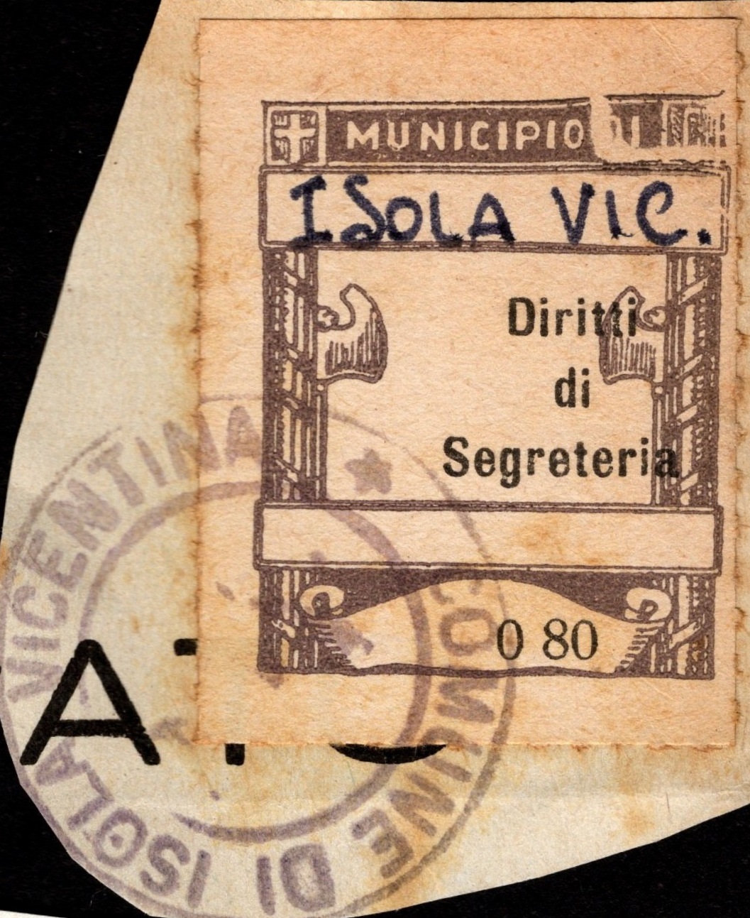 Marca da Bollo del Comune di ISOLA VICENTINA su Carta Bianca di dimensioni 22 x 30,5 mm