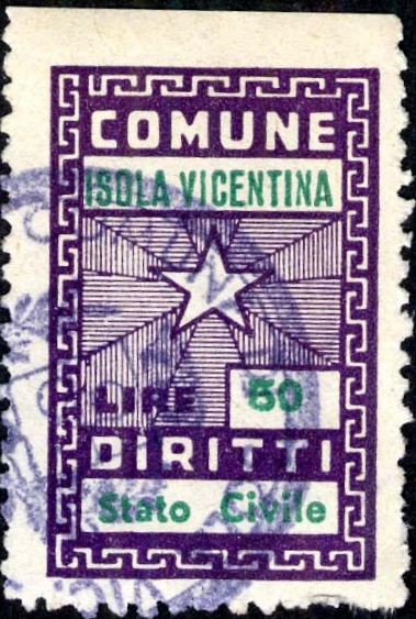 Marca da Bollo del Comune di ISOLA VICENTINA su Carta Bianca di dimensioni 19,5 x 30,5 mm