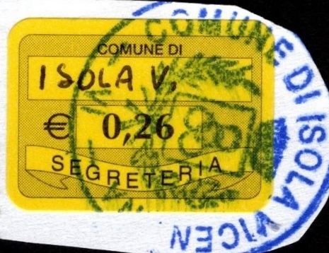 Marca da Bollo del Comune di ISOLA VICENTINA su Carta Bianca di dimensioni 20 x 14 mm