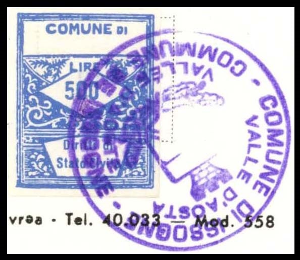 Marca da Bollo del Comune di ISSOGNE su Carta Bianca di dimensioni 22 x 28 mm