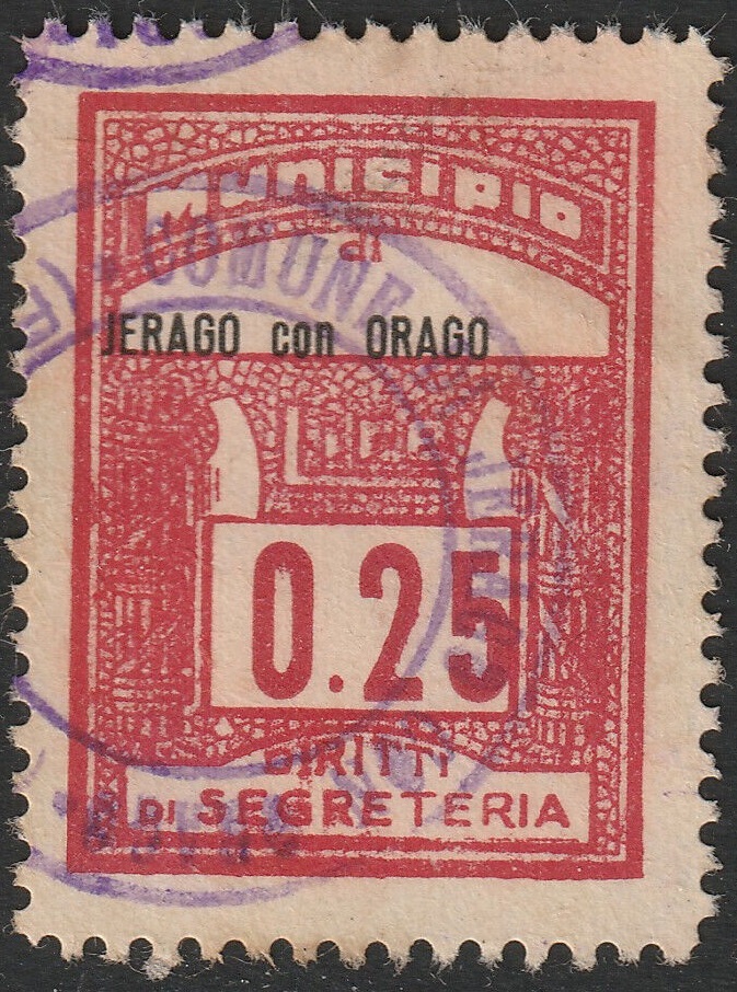 Marca da Bollo del Comune di JERAGO CON ORAGO su Carta Bianca di dimensioni 22,5 x 29 mm