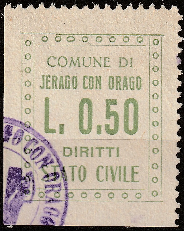 Marca da Bollo del Comune di JERAGO CON ORAGO su Carta Bianca di dimensioni 22,5 x 29 mm