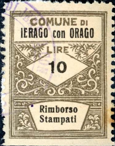 Marca da Bollo del Comune di JERAGO CON ORAGO su Carta Bianca di dimensioni 22,5 x 29 mm