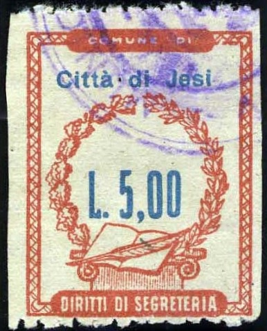 Marca da Bollo del Comune di JESI su Carta Bianca di dimensioni 20,5 x 26,5 mm