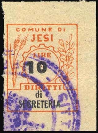 Marca da Bollo del Comune di JESI su Carta Bianca di dimensioni 22,5 x 27 mm