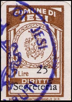 Marca da Bollo del Comune di JESI su Carta Bianca di dimensioni 13 x 21,5 mm
